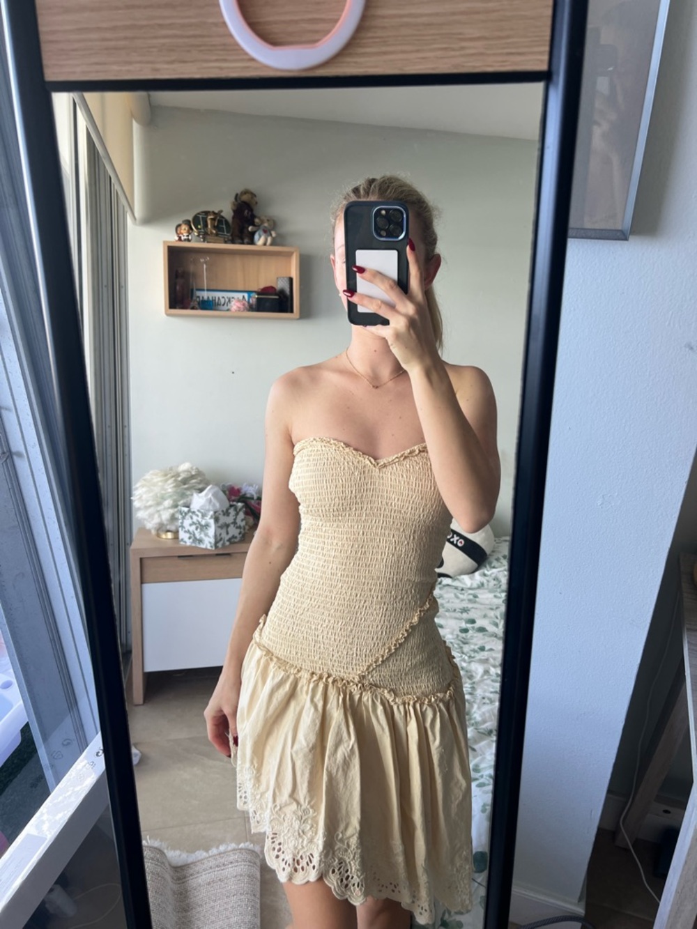 Bershka Strapless Cream Smocked Eyelet Skater Dress